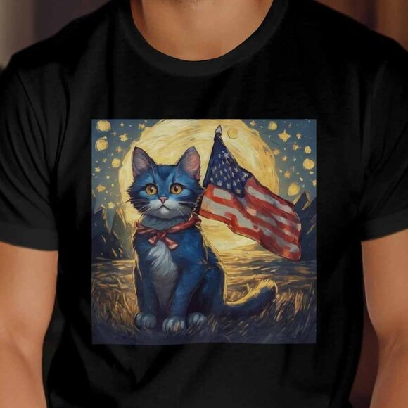 Cute Patriotic Cat With American Flag T-Shirt, Cat Lover Gift 4th of July Tee - Picture 1 of 5